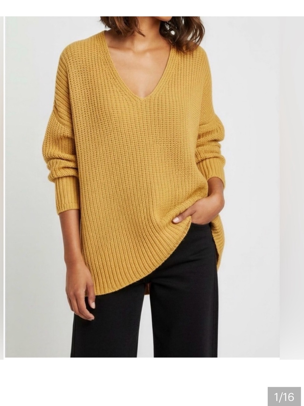 Jenni Kayne Oversized Ribbed in Cotton Cabin Mustard V-Neck Knit Sweater